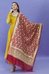Shop_Naintara Bajaj_Maroon Brocade Zari, Fringe Banarasi Art Silk Floral Woven Dupatta_at_Aza_Fashions