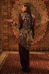 Shop_Aditi Gupta_Wine Satin Woven And Embroidered Jamawar Pattern Jacket Open Draped Skirt Set _at_Aza_Fashions