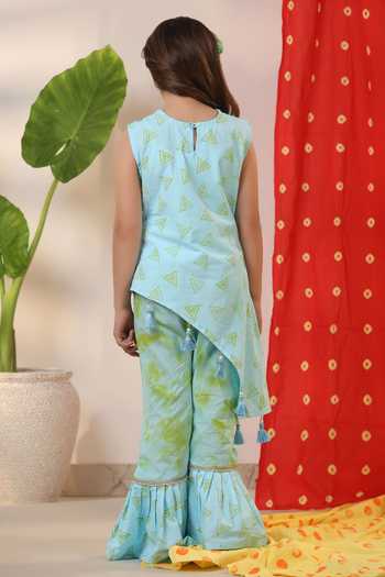Shop_Cute Couture_Green Poplin, Cotton Tassels Geometric Print Kurta And Palazzo Set _at_Aza_Fashions
