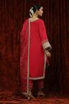 Shop Shikhar Sharma Red Silk Chanderi Embroidered Pearl V Neck Kurta Pant Set at Aza Fashions Shop_Shikhar Sharma_Red Silk Chanderi Embroidered Pearl V Neck Kurta Pant Set _at_Aza_Fashions