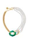 Shop_ISHARYA_White Green Mirror Inter-link Asymmetric Pearl Necklace _at_Aza_Fashions