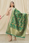 Shop_Khwaab by Sanjana Lakhani_Green Banarasi Art Silk Floral Pattern Dupatta _at_Aza_Fashions