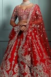 Shop_Pallavi Poddar_Red Silk, Tulle Embroidery, Applique, Zari Mohini Floral Bridal Lehenga Set _at_Aza_Fashions