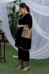 Shop_Daljit Sudan_Black Velvet Embroidered Kashmiri Tilla Full Sleeved Phiran Kurta And Pant Set _at_Aza_Fashions