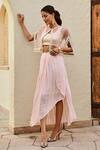 Shop_Palak & Mehak_Pink Rayon, Crepe, Lurex Pearls Round Freya Stripe Woven Skirt Set With Cape _at_Aza_Fashions