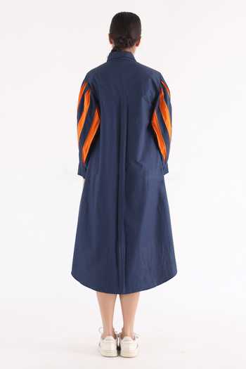 Shop_Studio Moda India_Blue Cotton Chains Collared Pleated Sleeve Flow Dress _at_Aza_Fashions