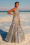 Shop Sahil Kochhar Blue Net Sequins, Embroidery Halter Neck Waqif Floral Gown at Aza Fashions Shop_Sahil Kochhar_Blue Net Sequins, Embroidery Halter Neck Waqif Floral Gown _at_Aza_Fashions