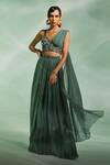 Divya Aggarwal_Green Chiffon Printed Geometric V Neck Verity Draped Skirt And Blouse Set _Online_at_Aza_Fashions