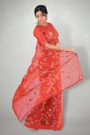 I Am Design_Red Silk Organza Aari Crew Neck Embroidered Saree _Online_at_Aza_Fashions