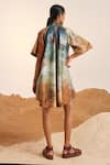 Shop_Cord_Blue Cotton Satin Printed Underwater Mandarin Collar A-line Dress _at_Aza_Fashions