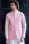 Shop_Hilo Design_Pink Dupion Silk Jacket And Bundi & Pants Cotton Lycra Embroidery & Kurta Set _at_Aza_Fashions