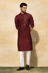 Shop_Diyarajvvir_Maroon , Satin Embroidery Bundi And Kurta Set _at_Aza_Fashions