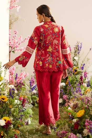 Shop_Chandrima_Red Chanderi Embroidery, Cut Work Open Neck Floral Thread Jacket _at_Aza_Fashions