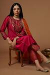 Shop_OMI_Pink Silk, Chanderi Embroidery, Zari V-neck Floral Flared Kurta Set _at_Aza_Fashions