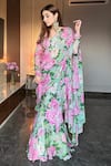 SANAM_Green Chiffon Floral V Nicolette Blooming Pattern Pre Draped Saree With Blouse_Online_at_Aza_Fashions