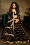 Shop_Priti Sahni_Black Raw Silk Embroidered Sequin Plunge Neck Neckline Lehenga Set _at_Aza_Fashions