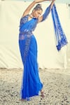 Shop_Surily G_Blue Net Embroidered Floral Cutwork Pre-draped Saree  _at_Aza_Fashions