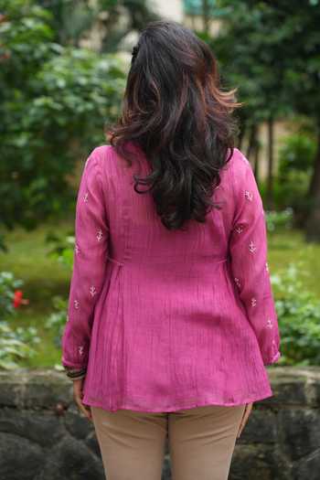 Shop_Pants And Pajamas_Pink Chanderi Embroidery V-neck Origami Berry Chikankari Top _at_Aza_Fashions