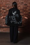 Shop_Taroob_Black Wool Embroidery Flamingo Chinese Collar Swarovski Cape  _at_Aza_Fashions