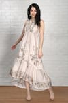 Shop_Whimsical By Shica_White Organza Satin Printed Flower V Neck Placement Dress _at_Aza_Fashions