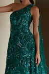 Shop_Nadine Dhody_Green Tulle Embroidery Sequin Asymmetric Analise One Shoulder Gown  _at_Aza_Fashions