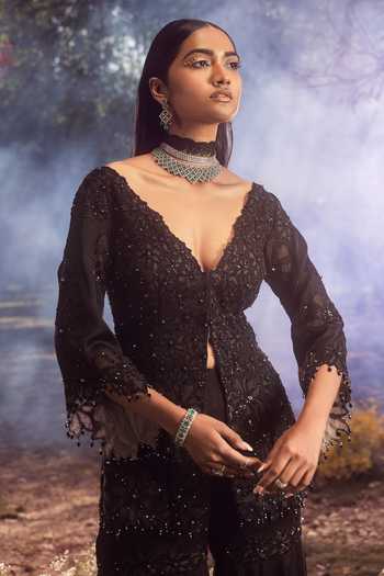 Shop_Nitika Gujral_Black Organza, Satin Sequins, Crystals, Flower Embroidered Kurta Gharara Set _at_Aza_Fashions