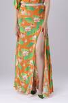 Shop_Tangerine Tiger_Orange 100% Rayon Crepe Lotus Print Slit Skirt _at_Aza_Fashions