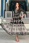 Shop_BAIRAAS_Black Rayon Embellished Russian Block Pattern And Stone Work Notched Round Dress _at_Aza_Fashions