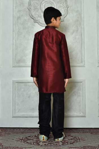 Shop_Petite Pomme_Maroon Silk Embroidery Long Sleeved Kurta _at_Aza_Fashions