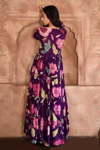 Shop_Taro_Purple Chanderi Silk Split V-neck Floral Print Tiered Dress _at_Aza_Fashions
