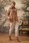 Shop_Kalista_Brown Viscose Satin Printed Botanical Spread Collar Hazel Tunic And Pant Set _at_Aza_Fashions