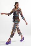 Shop_Cin Cin_Multi Color Silk Printed Abstract Botanical Band Collar Coco Top And Pant Set _at_Aza_Fashions