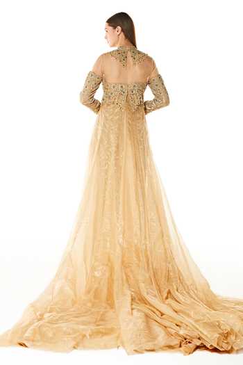 Rabani & Rakha_Gold Georgette, Organza Sequins Mandarin Collar Gala Paisley Embroidered Gown _Online_at_Aza_Fashions