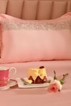 Shop_La Paloma_Peach 100% Tencel Embroidered Solid Bedsheet With Bird Pillow Covers Set _at_Aza_Fashions