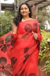 Shop_Meghstudio_Red Saree  Organza Hand Painted Hibiscus Flowers With Black _at_Aza_Fashions
