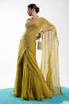 Shop_Charu and Vasundhara_Yellow Blouse Tussar Embroidery Linear Leaf Esrat Pre-draped Lehenga Saree With_at_Aza_Fashions