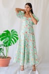 Shop_Shachi Sood_Green Dupion Silk, Butter Crepe Floral Square Neck Printed Maxi Dress _at_Aza_Fashions