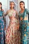 Shop_DiyaRajvvir_Green Organza Printed Chintz Round And Pre-draped Skirt Saree Set _at_Aza_Fashions
