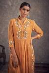 Shop_Hirika&Dhruti_Orange Chanderi Embroidery Floral V Neck Kurta And Pant Set  _at_Aza_Fashions