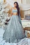 Shop_Varun Chakkilam_Grey Silk Organza Embroidered Sequins V Neck Lehenga Set _at_Aza_Fashions