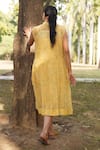 Shop_Dhaari_Yellow Handwoven Cotton Silk Hand Painted Kantha Collar And Embroidered Dress _at_Aza_Fashions