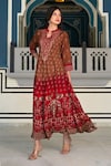 Shop_BAIRAAS_Red Rayon Embellished Bohemian Notched Round Collar Elephant And Pattern Dress_at_Aza_Fashions