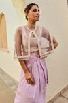 Shop_Palak & Mehak_Purple Rayon, Wool Pearls, Embroidery Freya Stripe Pattern Skirt Set With Cape _at_Aza_Fashions