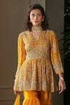 Shop_Kisneel by Pam_Yellow Embroidered Tie-dye V Neck Peplum Kurta Gharara Set _at_Aza_Fashions