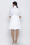 Shop_Escape By Aishwarya_White Cotton Satin High Stand Collar Gathered Dress With Belt _at_Aza_Fashions