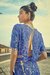 Shop_Surily G_Blue Organza Embroidered Floral Round Cutwork Crop Top  _at_Aza_Fashions