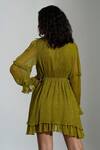 Shop Amrta By Guneet Kondal Green Viscose, Georgette Ruffles V-neck Victorian Sleeve Mini Dress at Aza Fashions Shop_Amrta By Guneet Kondal_Green Viscose, Georgette Ruffles V-neck Victorian Sleeve Mini Dress _at_Aza_Fashions