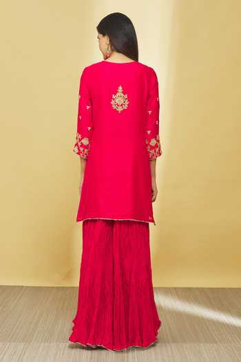 Shop_Surbhi Shah_Red Chanderi, Organza Embroidery, Sequins Keyhole Kurta Crinkled Sharara Set _at_Aza_Fashions