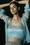 Shop_Akhl_Blue Linen, Viscose Fringe Square Neck Embroidered Bustier _at_Aza_Fashions