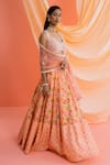 Shop_Drishti & Zahabia_Peach Dupion Silk Print Floral V Neck Botanical Panelled Lehenga Set _at_Aza_Fashions